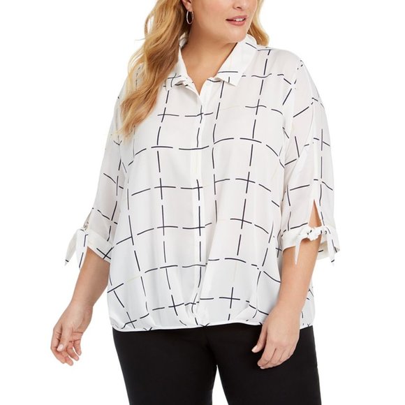 Alfani Womens White Plaid Collared 3/4 Sleeve Rolled Front Top Plus Size 0X - Picture 1 of 7